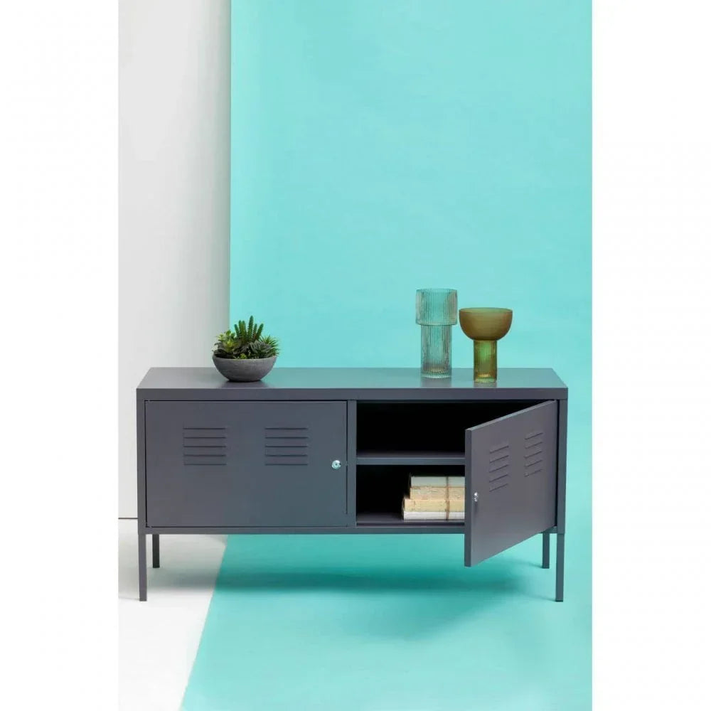 Grey metal storage sideboard with open door, shelves, and decorative items on top