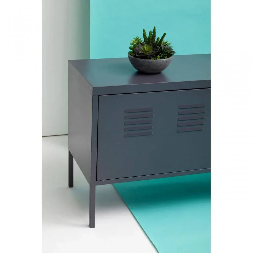 Dark grey metal sideboard cabinet with bowl of succulents on top, corner angle view
