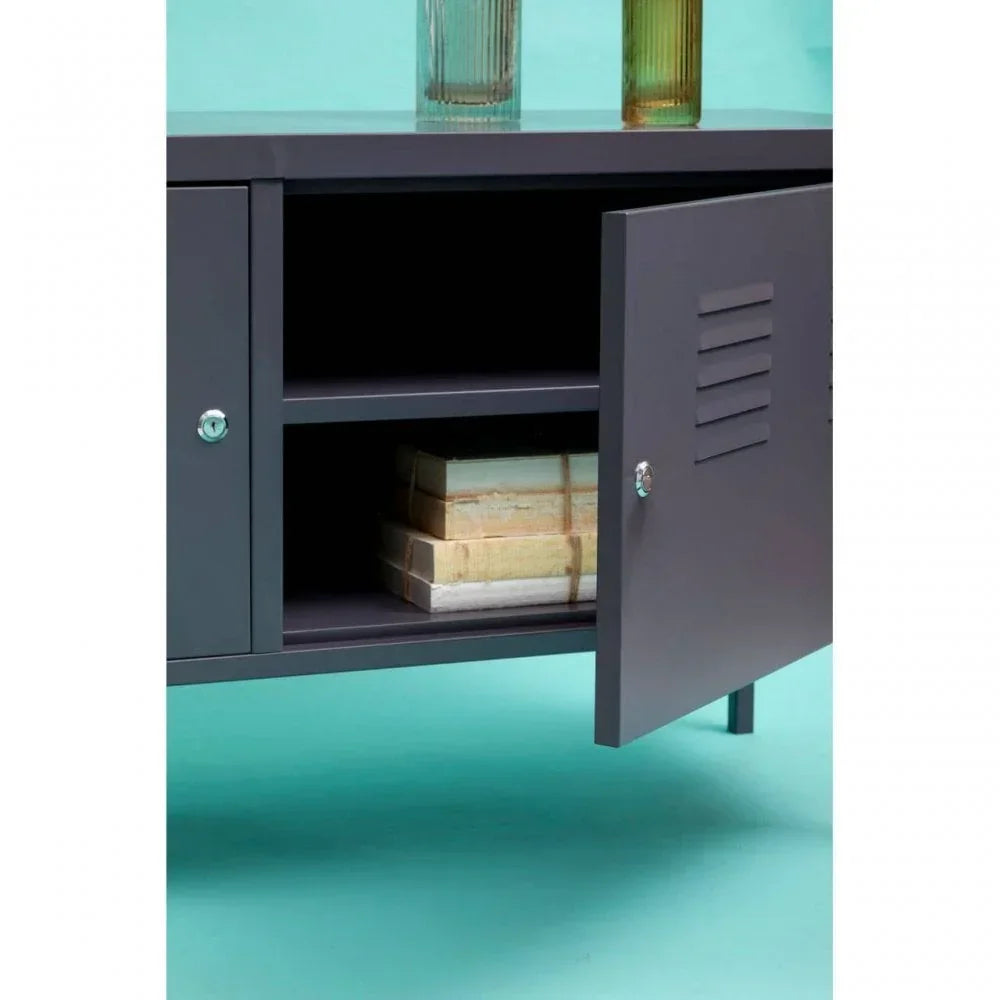 Grey metal storage cabinet with open door, interior shelf and books, aqua background