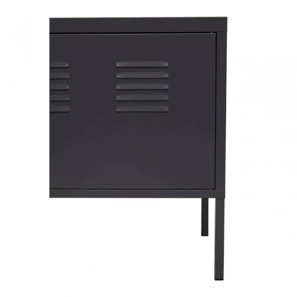 Black metal storage cabinet with vented door and slim legs, partial side view