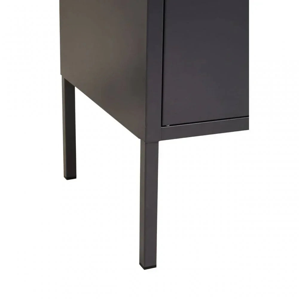 Black metal table leg and frame with clean lines, corner angle view