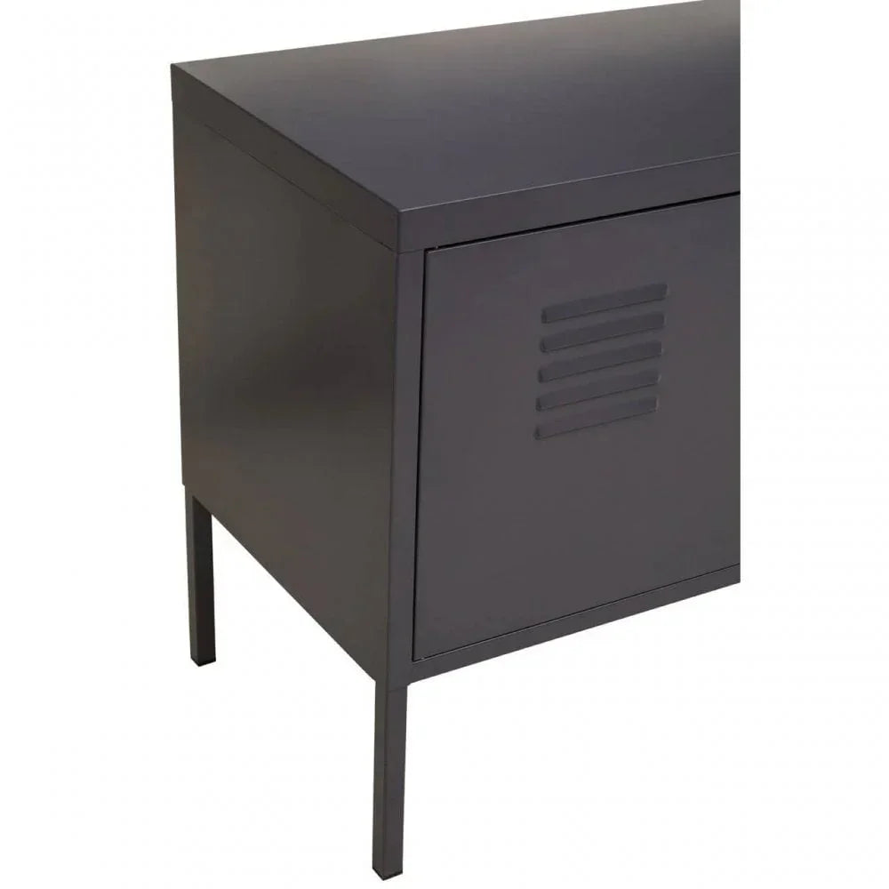 Black metal storage cabinet with single door and vented front, side angle view