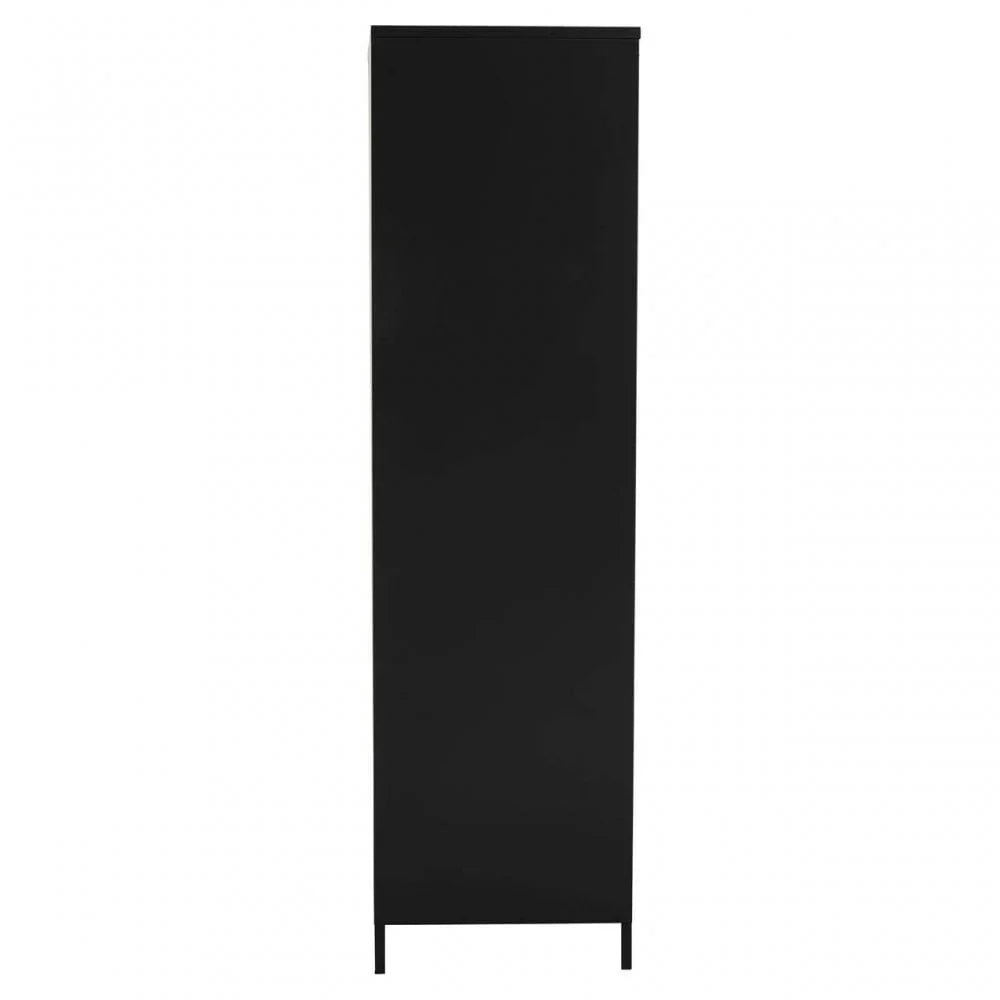 Tall black storage cabinet rear view with slim metal legs