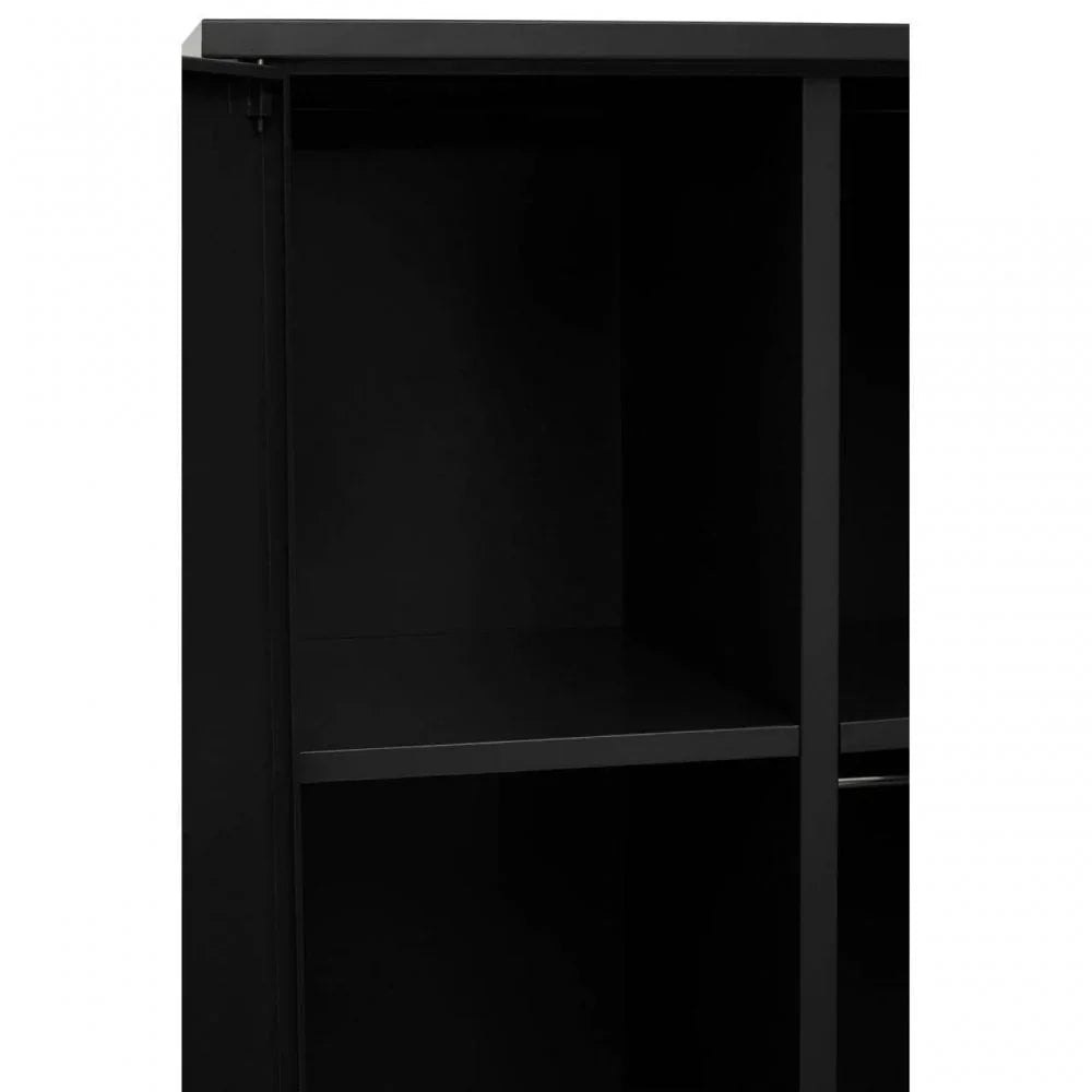 Black shelving unit with open compartments and matte finish, close-up corner view