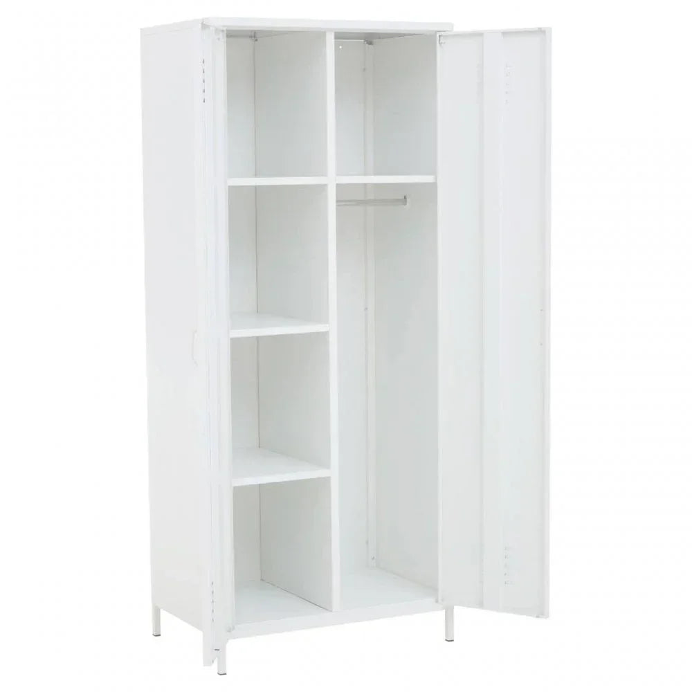 White metal wardrobe with open doors, featuring shelving and a hanging rail
