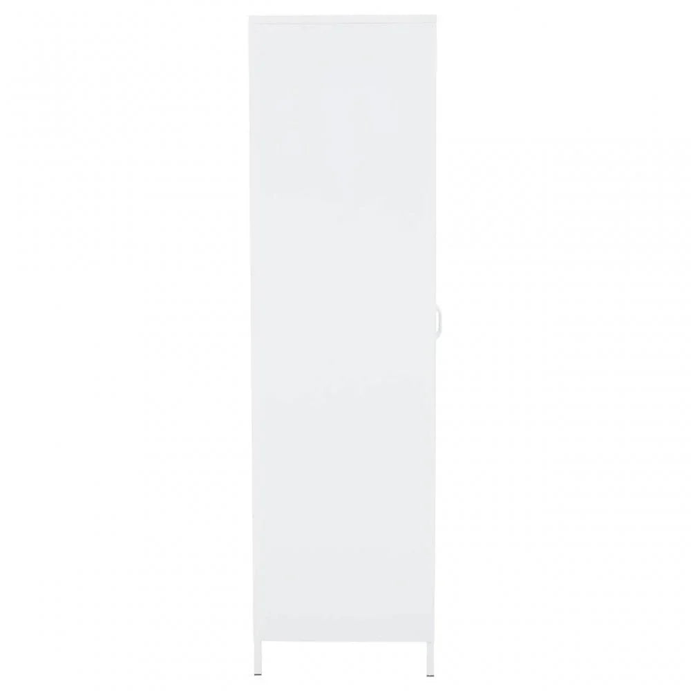 Tall white storage cabinet with single solid door on plain background