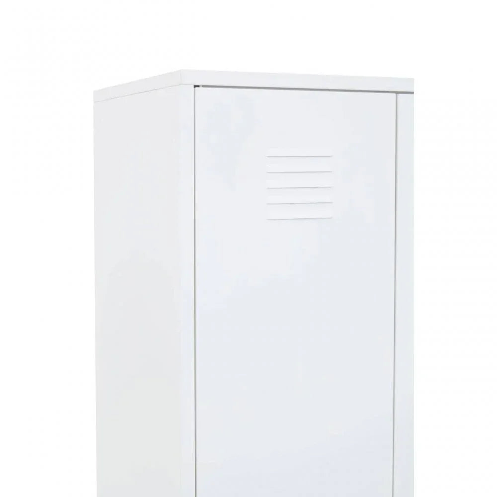 White metal storage cabinet with single door and vent detail, shown from front angle