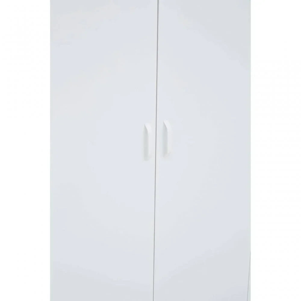 White wardrobe with two doors and minimalist handles, modern bedroom furniture