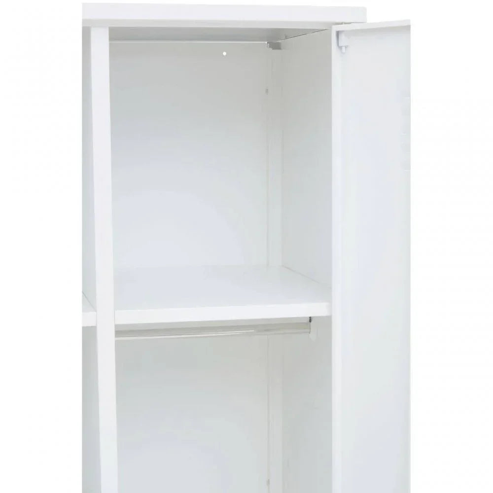White wardrobe interior with open door, hanging rail and shelf visible