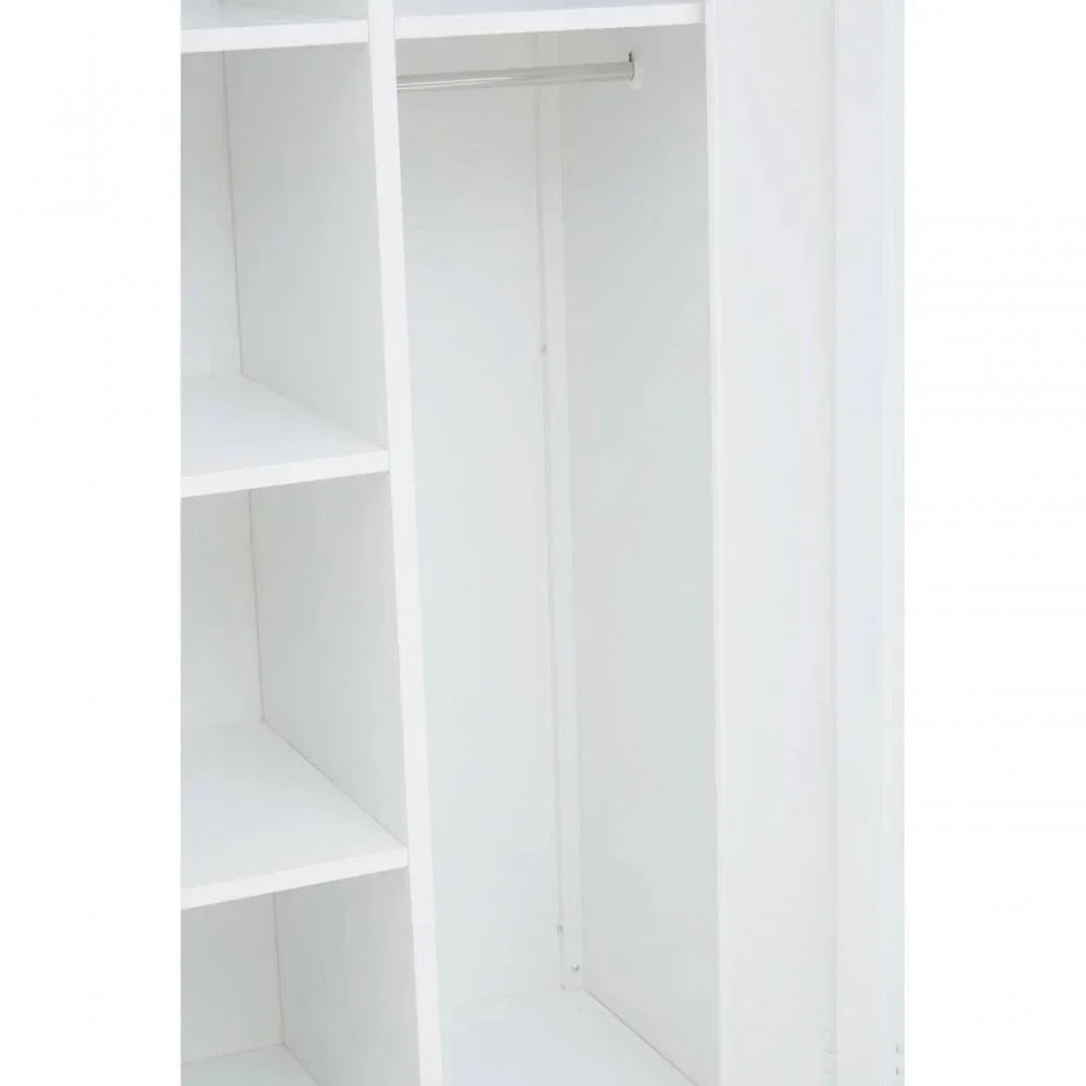 White wardrobe with shelving units and hanging rail interior