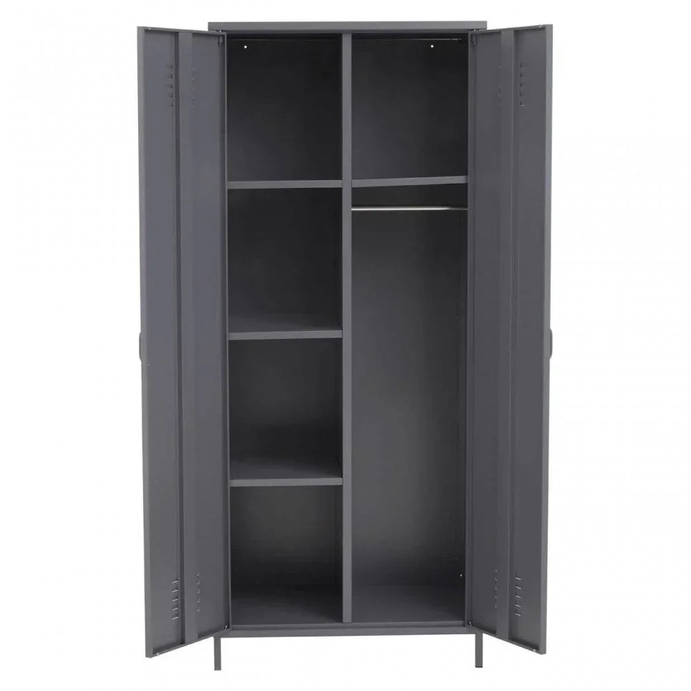Tall grey metal storage cabinet with open double doors and multiple interior shelves