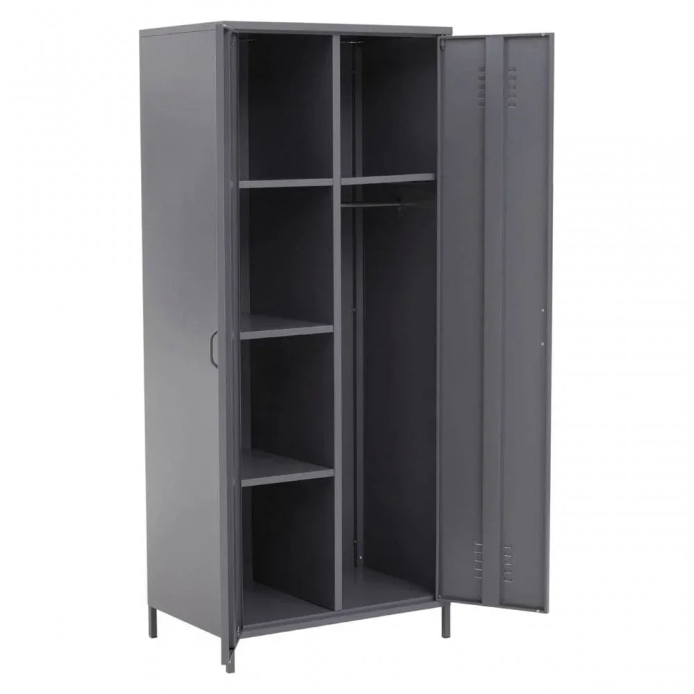 Grey metal storage cabinet with shelves and open door, suitable for home or office use