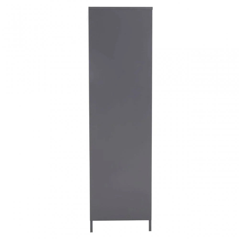 Tall grey storage cabinet with flat front and metal legs, front view