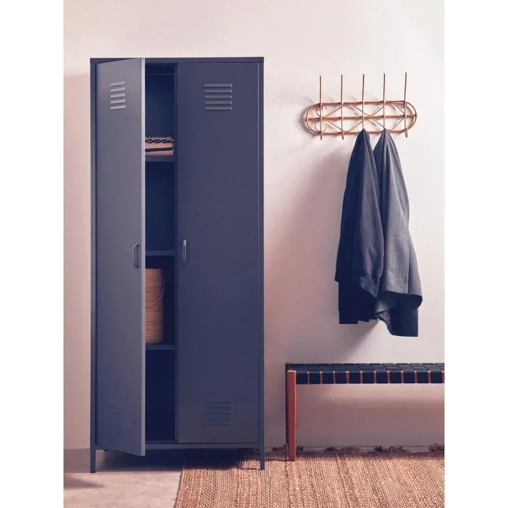Dark grey metal storage locker with open door beside coat rack and bench in hallway