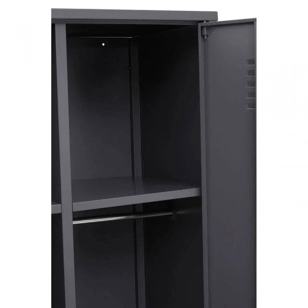 Dark grey wardrobe interior with open door, hanging rail and shelf visible