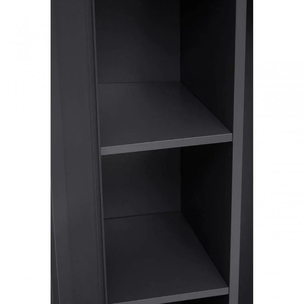 Closeup of black shelving unit with two shelves and smooth matte finish