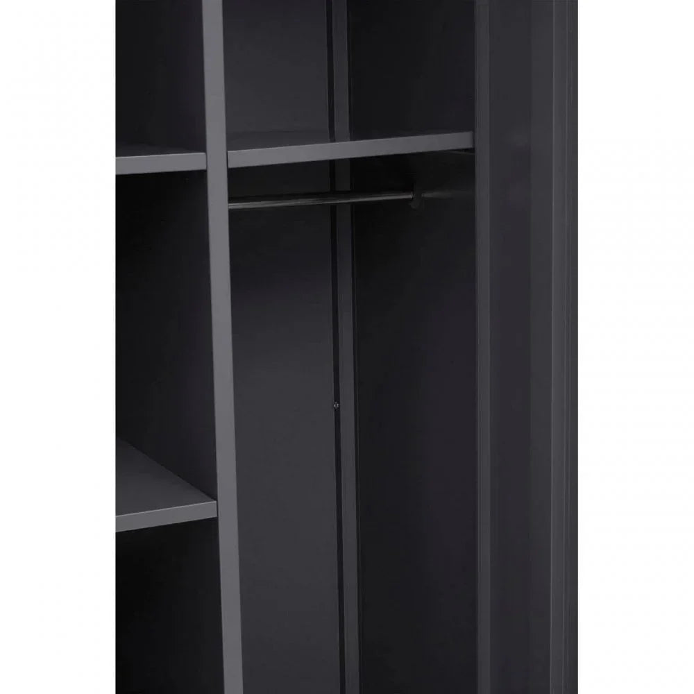 Black wardrobe interior with shelves and hanging rail detail