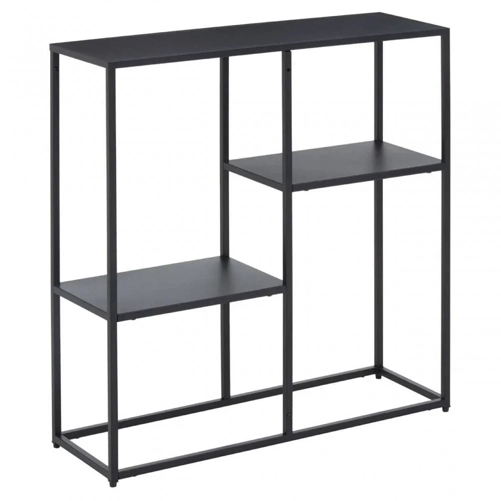 Black metal console table with open frame and staggered shelf design