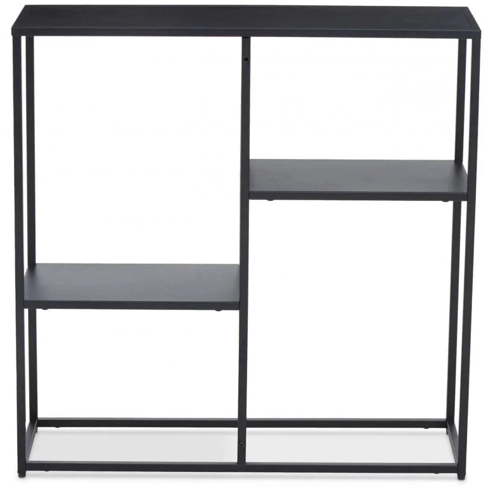 Black metal console table with open shelves and minimalist frame design