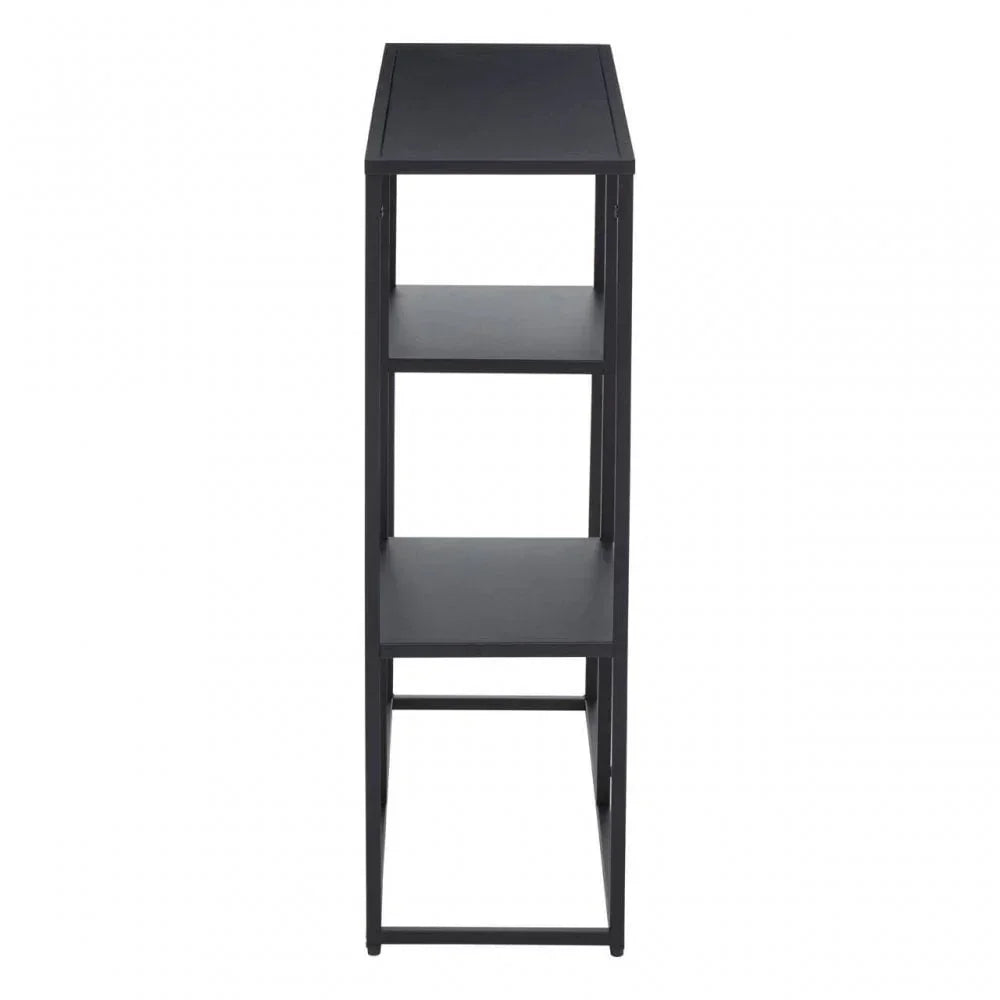 Slim black console table with three shelves, front view showing minimalist metal frame