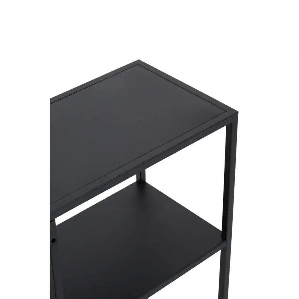 Black metal side table with two shelves, shown from a top corner angle