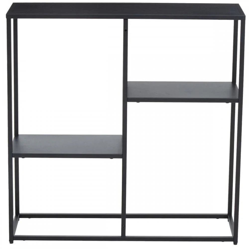 Black metal shelving unit with three staggered shelves and rectangular open frame
