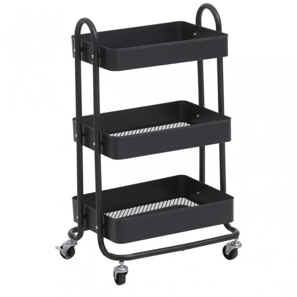 Black metal three tier storage trolley with mesh shelves and caster wheels