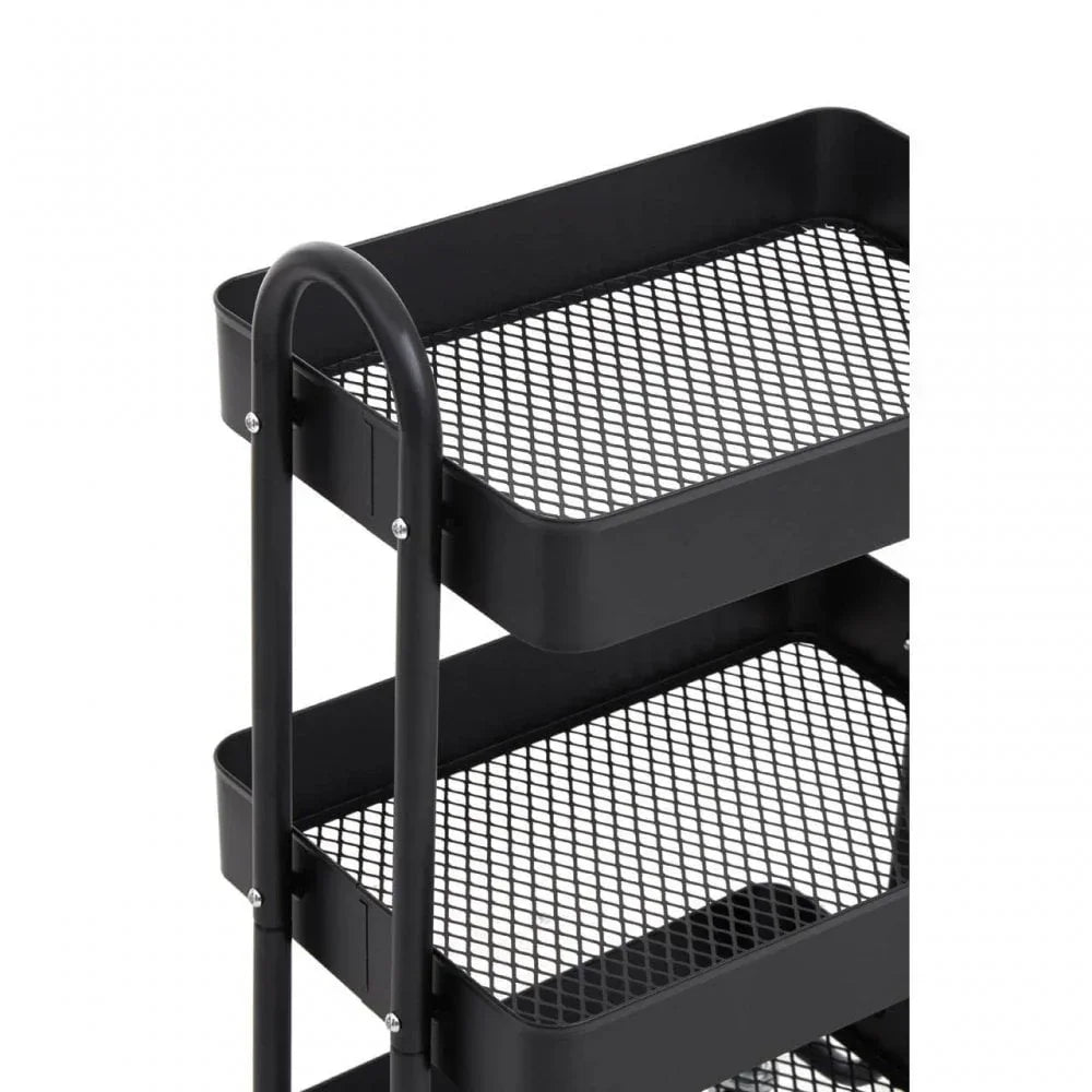 Black metal storage trolley with mesh shelves, close-up angle showing three tiers