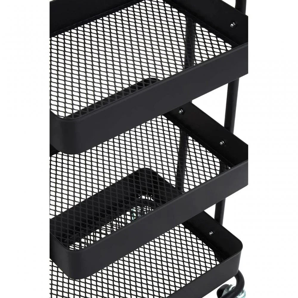 Black metal mesh storage trolley shelves close-up