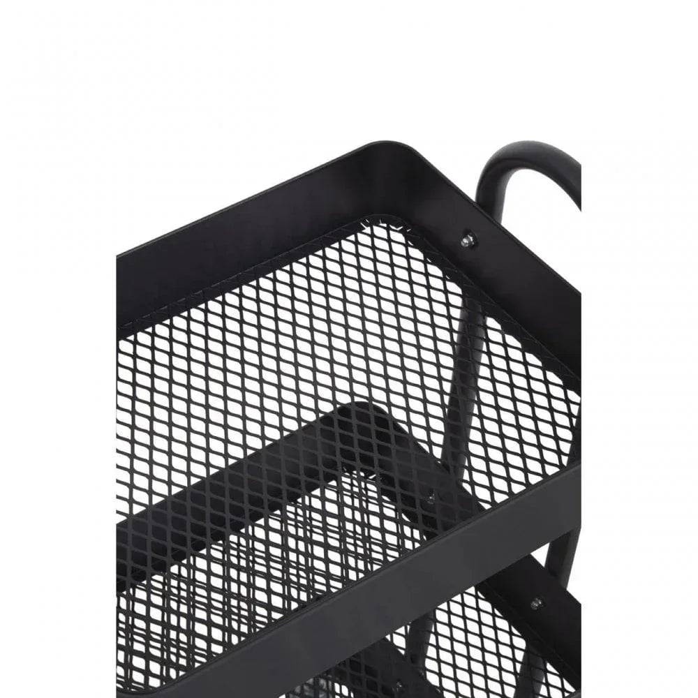 Black metal mesh utility trolley shelf close-up showing grid design and handles