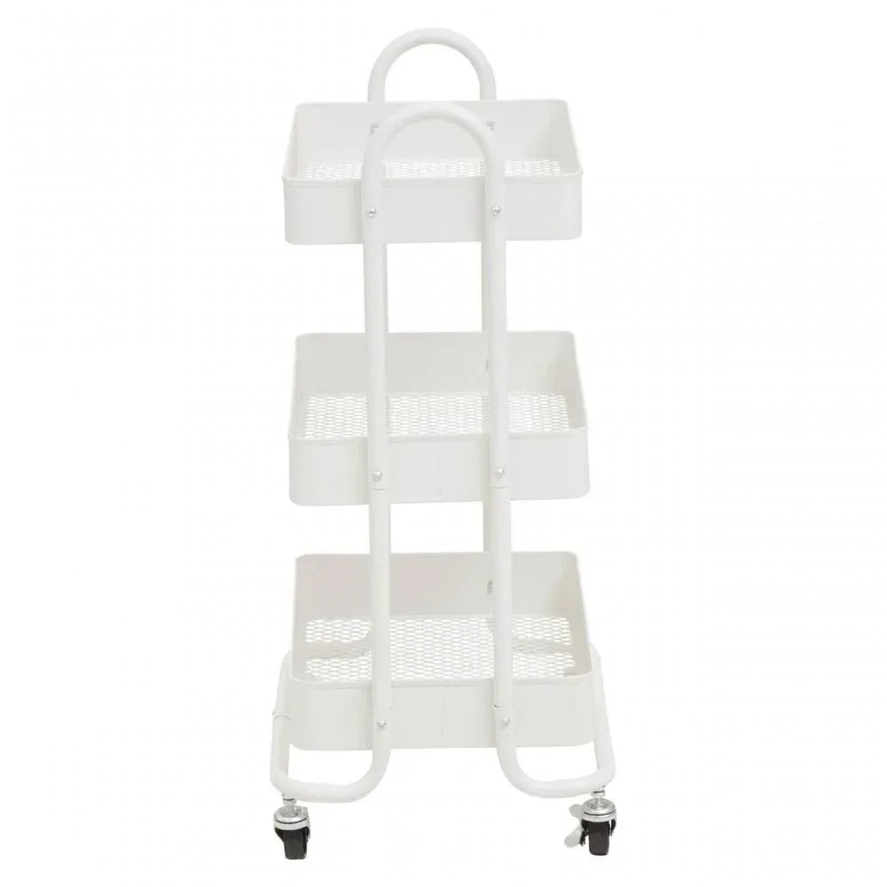 White metal storage trolley with three mesh shelves and wheels, front view