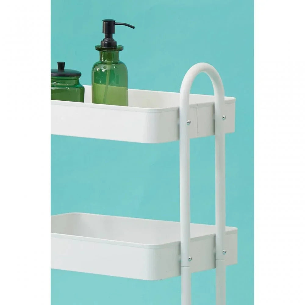 White metal storage trolley with two shelves holding green glass containers