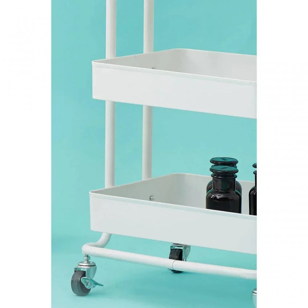 White metal storage trolley with caster wheels and black jars on lower shelf