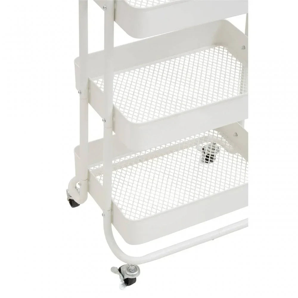 White metal storage trolley with mesh shelves and caster wheels close view