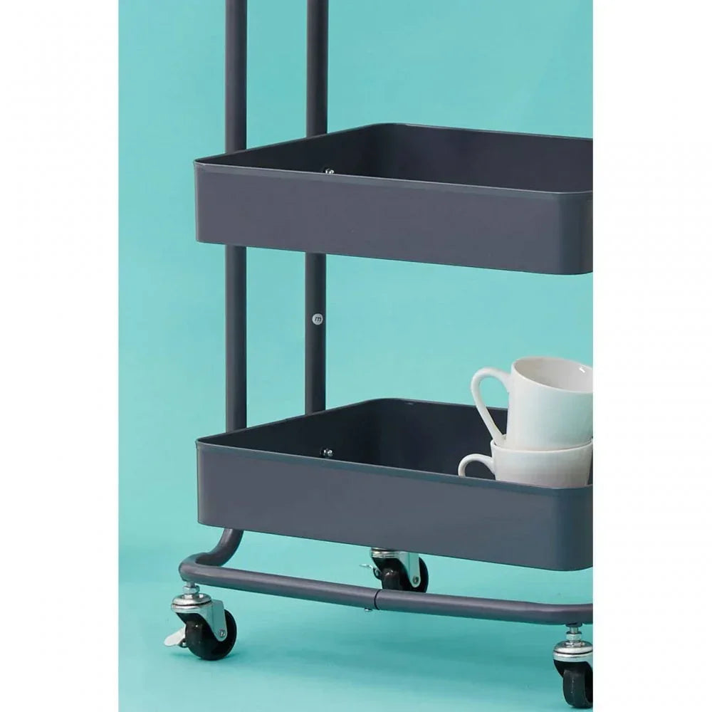 Grey metal storage trolley with wheels, two tiers, and stacked white mugs on bottom shelf