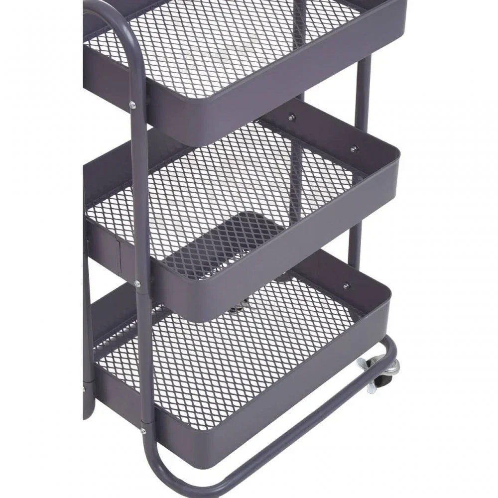 Three tier metal mesh storage trolley with wheels in matte black finish, side angle view