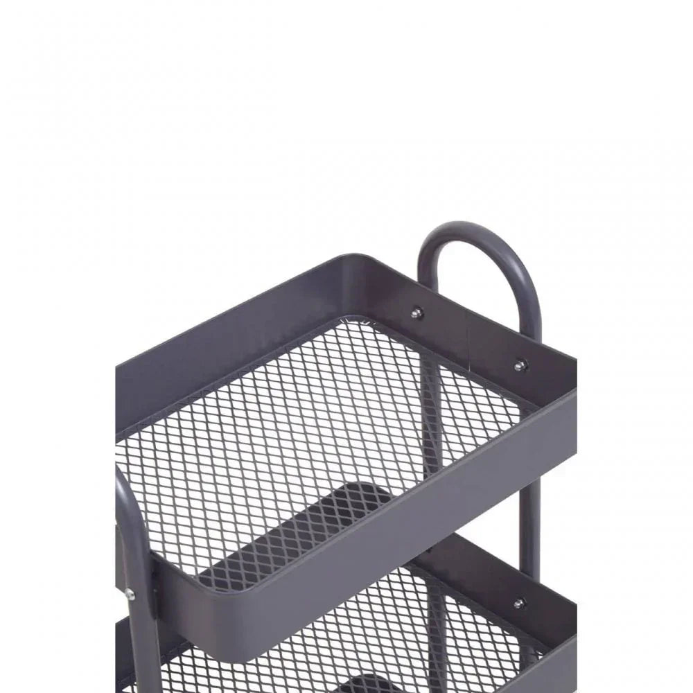 Close-up of grey metal mesh storage trolley basket with curved handle
