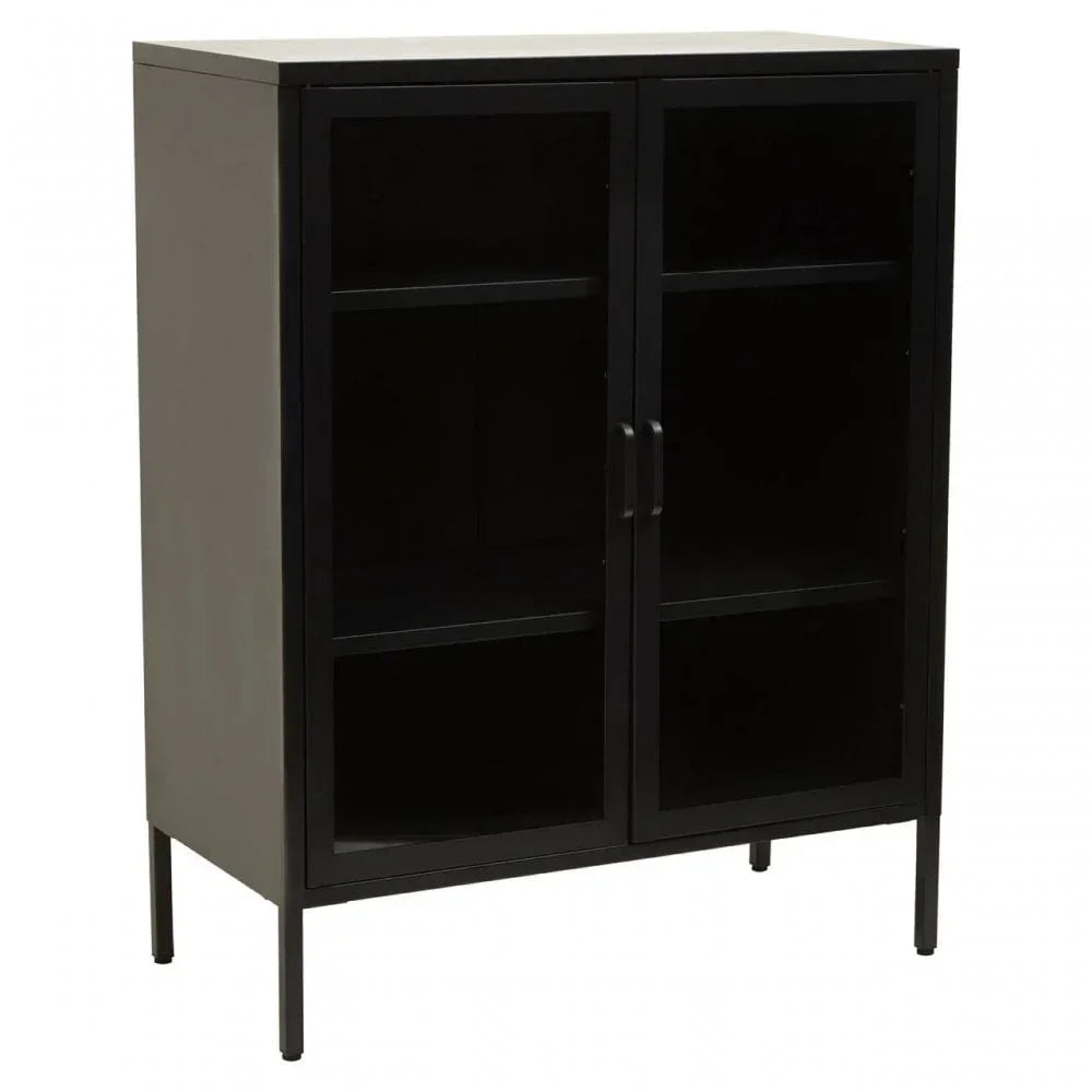 Black metal display cabinet with glass doors and shelves, photographed from the front angle