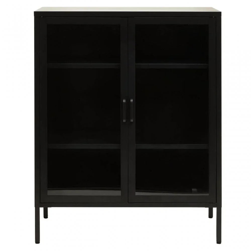 Black metal display cabinet with glass doors and two interior shelves, front view