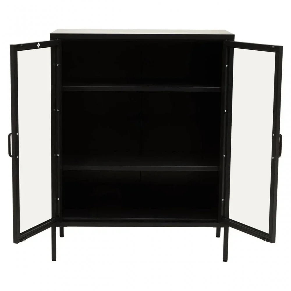 Black storage cabinet with open double doors and two internal shelves
