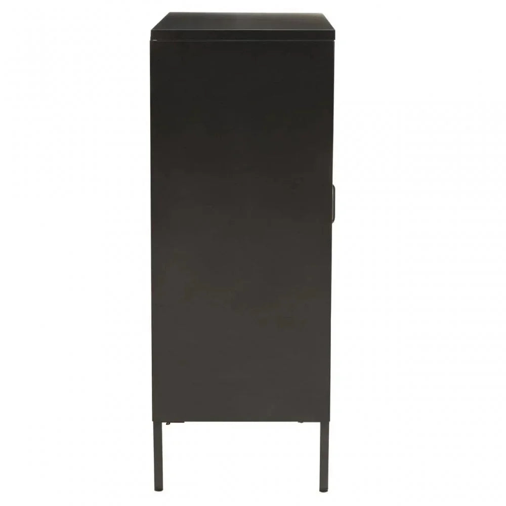 Side view of black storage cabinet with slim legs and plain metal door