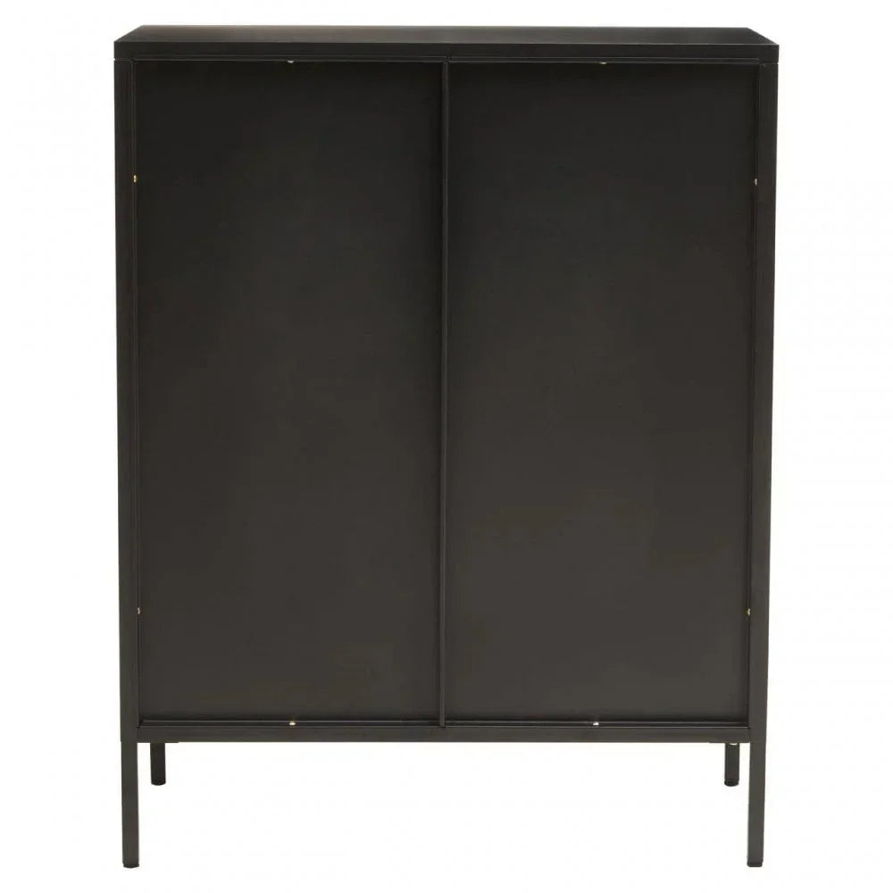 Black metal cabinet with two front doors and slim legs, shown from front view