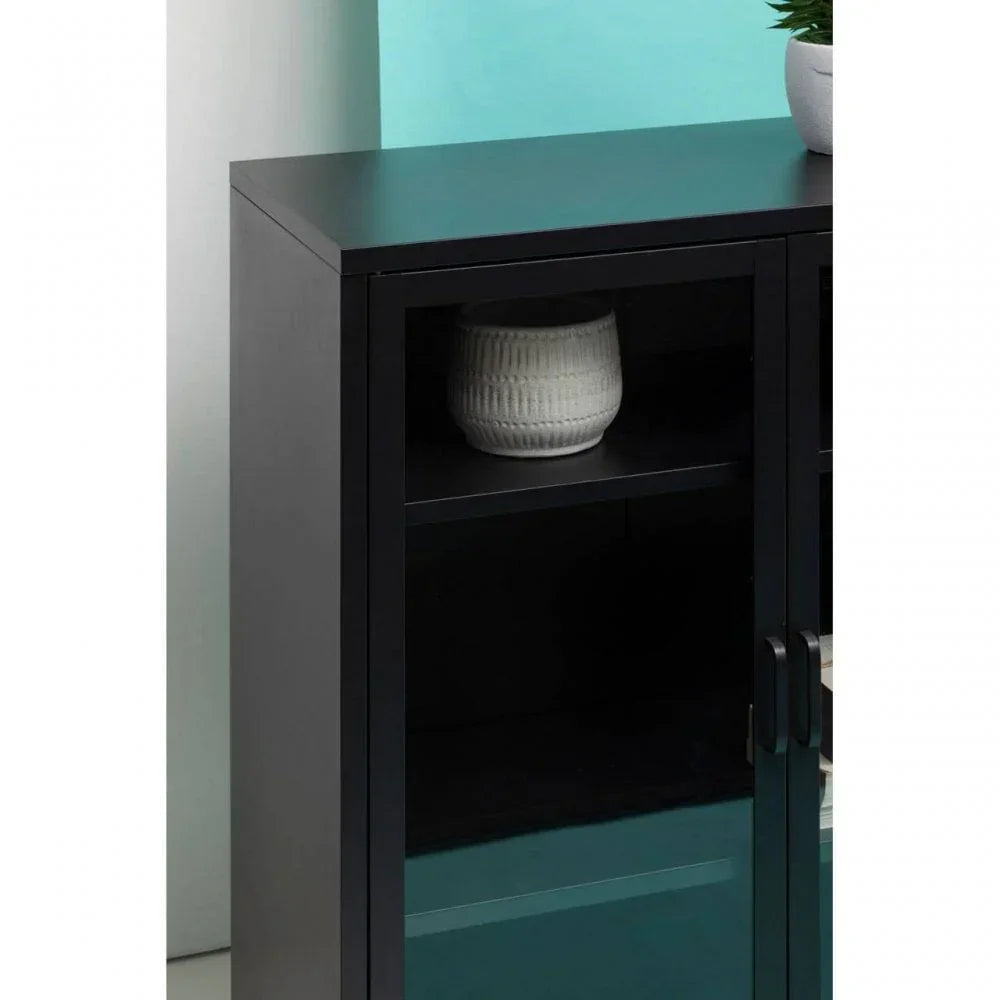 Black glass display cabinet with shelves and modern handles, close-up side view