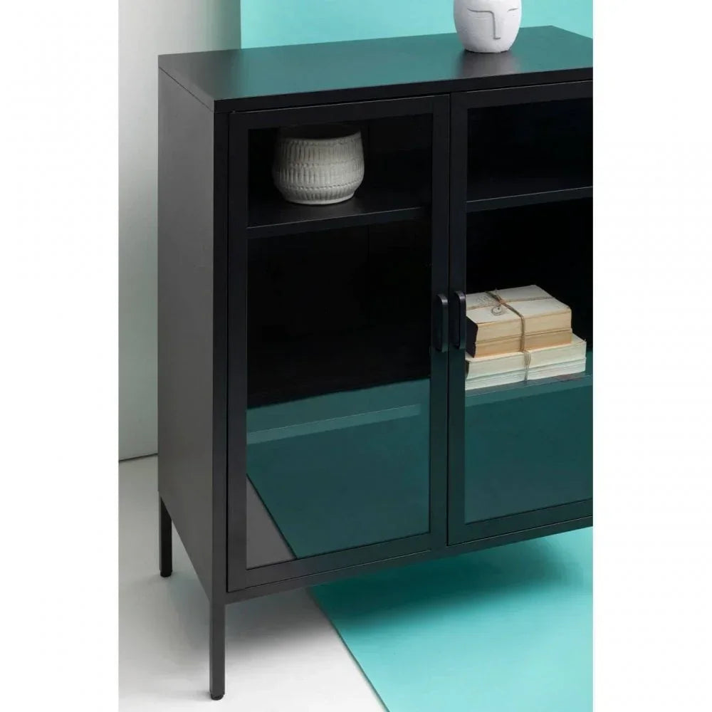 Black glass display cabinet with two doors, books and decor on shelves, modern style