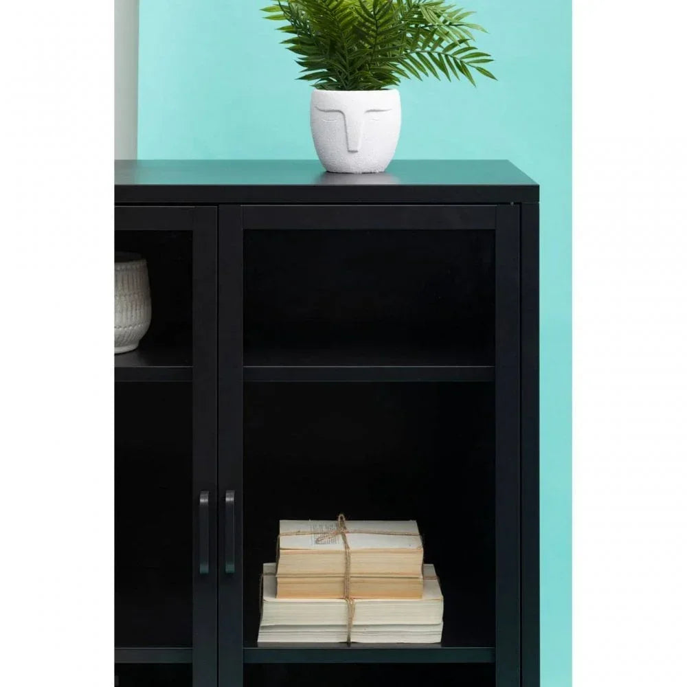 Black glass front bookcase with closed doors, books on shelf, and plant in white pot on top
