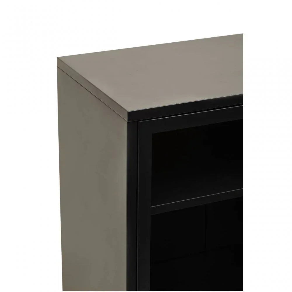 Modern black and grey shelving unit with open shelves, close-up of top corner