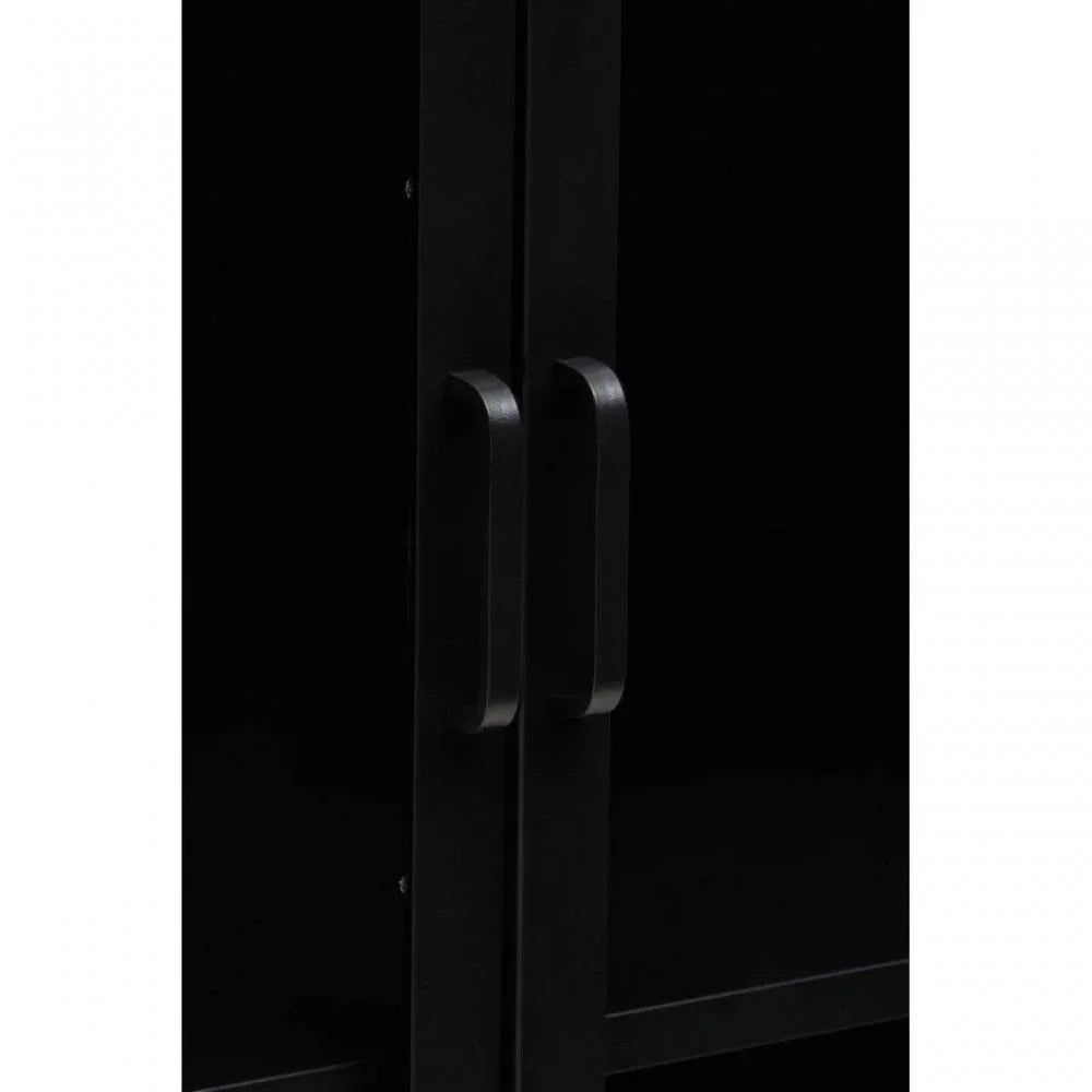 Black cabinet doors with two vertical handles, close-up of matte finish furniture hardware