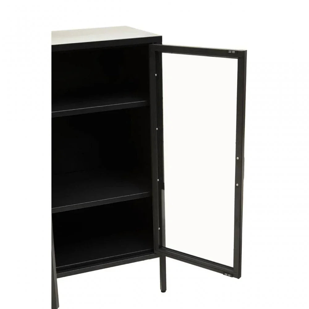 Black metal storage cabinet with open glass door and two shelves, side view