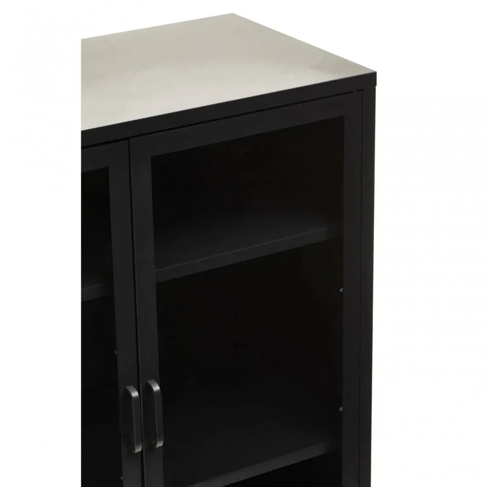 Black storage cabinet with glass doors and metal handles, showing upper shelves