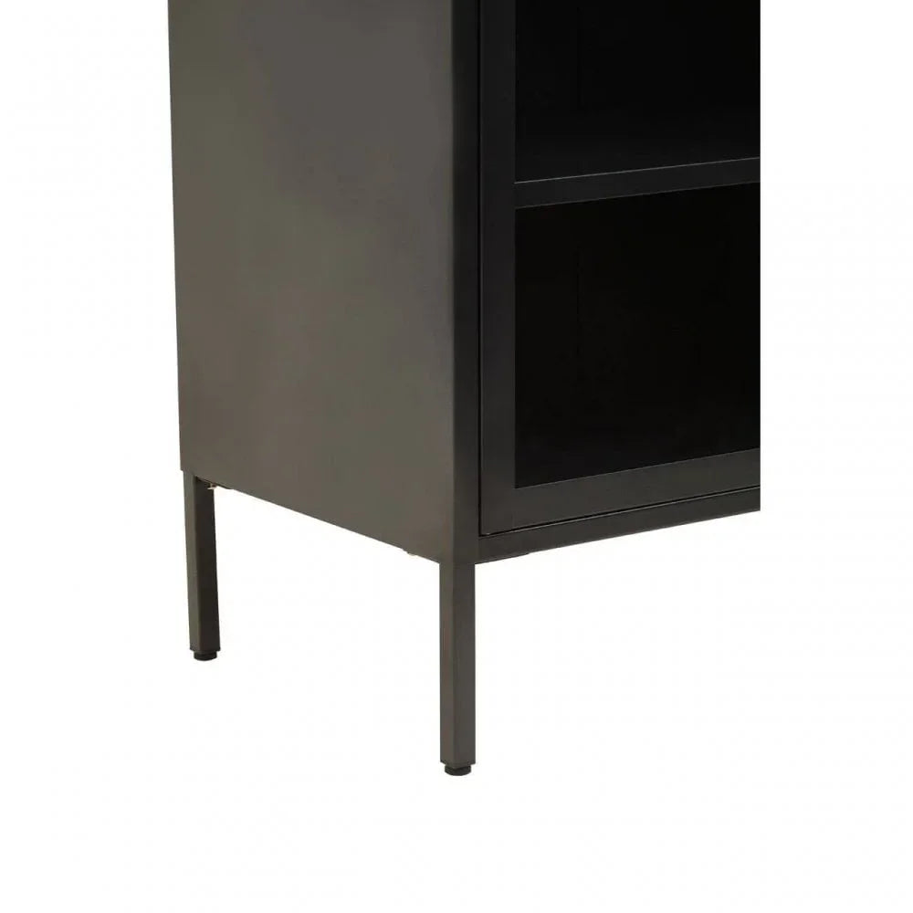 Black metal storage cabinet side view with two shelves and slim legs